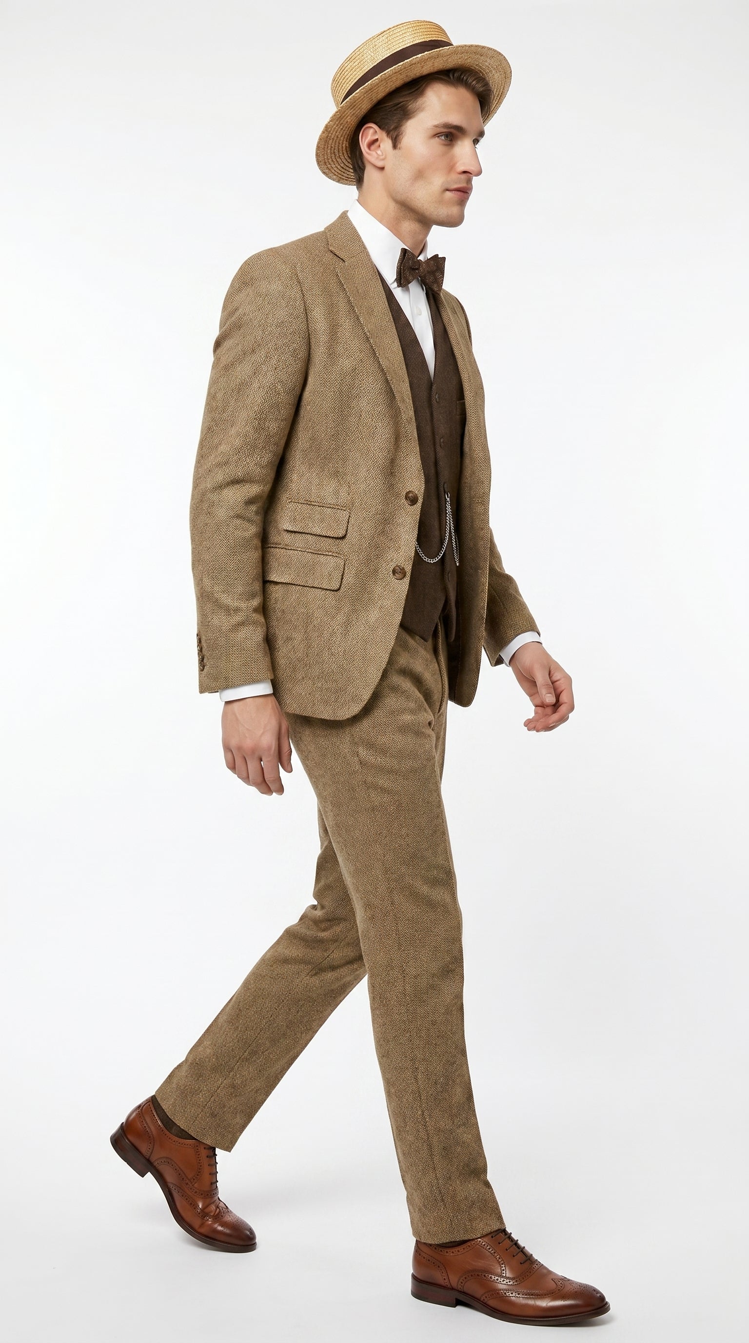 Men’s Camel Pocket Suit with Brown Vest, Vintage Inspired Formal Dress Outfit