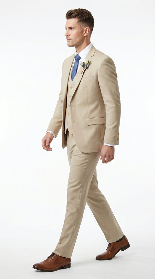 Men’s Tan Slim Fit 3 Piece Beach Wedding Suit with Vest, Summer Formal Dress Suit