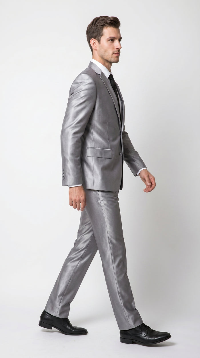 Men’s Silver Sharkskin 2 Piece Suit, Italian Styled Formal Wedding Prom Dress Suit