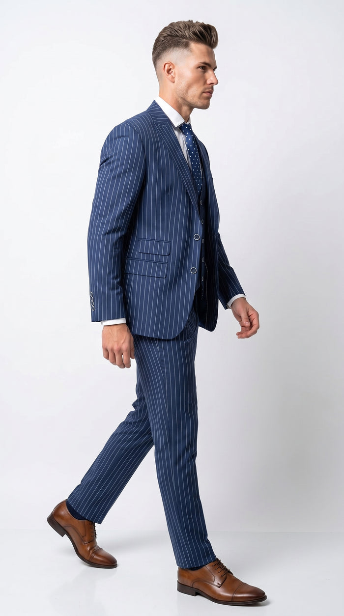 Men’s Navy Blue Vested Bold Gangster Pinstripe Suit, 3 Piece Formal 1920s Dress Suit