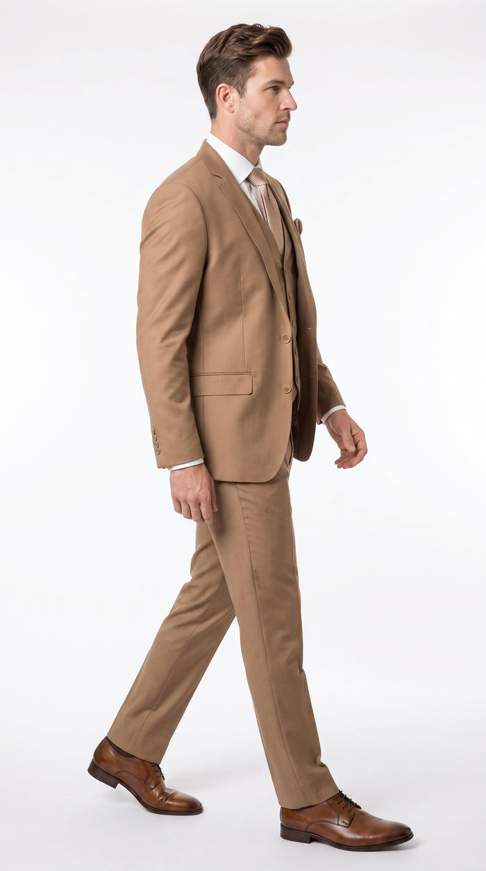 Men’s Caramel 2 Button Modern Fit Vested Wool Suit, Formal Wedding Business Dress Suit