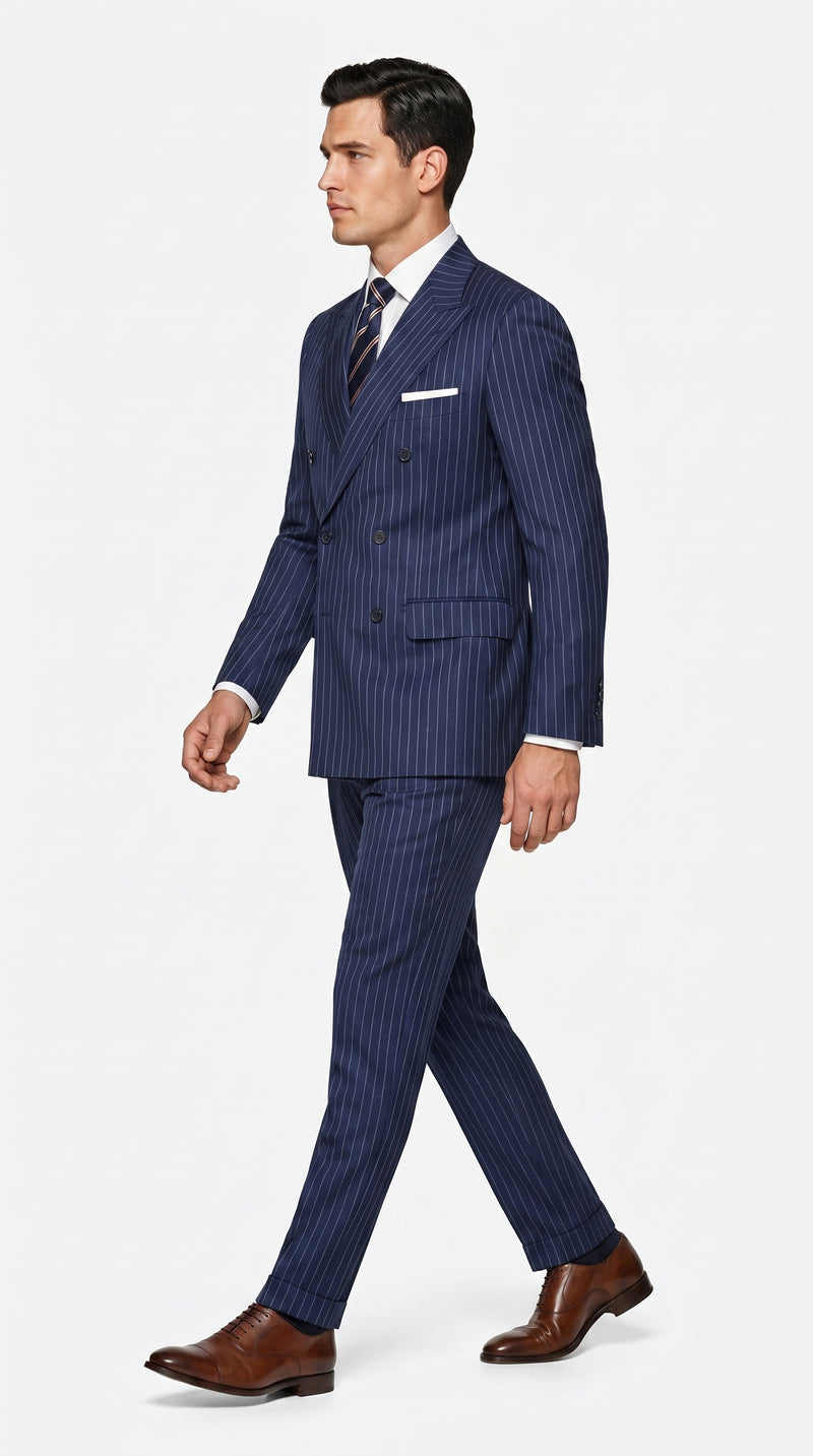 Men’s Navy Blue Double Breasted Pinstripe Suit, 100% Wool Formal Dress Suit