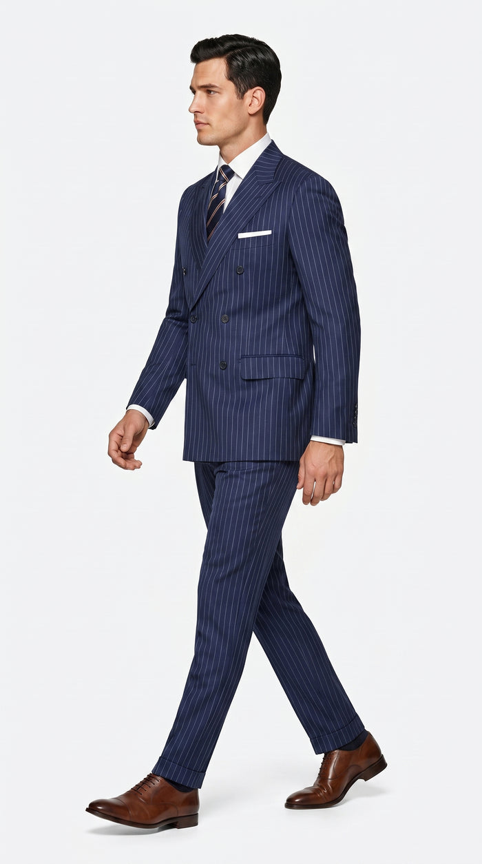 Men’s Navy Blue Double Breasted Pinstripe Suit, 100% Wool Formal Dress Suit