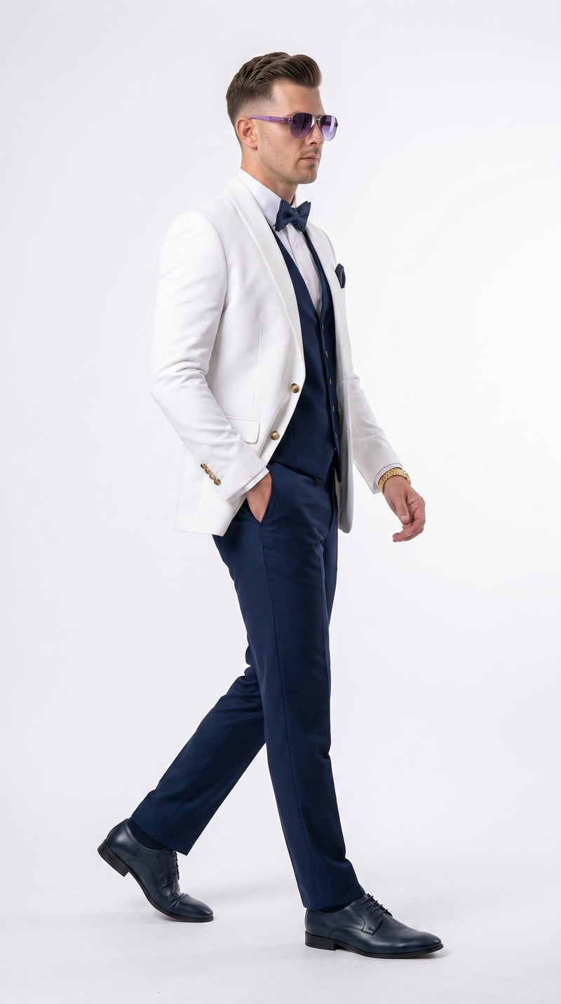 Men’s White and Navy Blue Wedding Suit, White Dinner Jacket with Navy Vest, Pants and Bow Tie