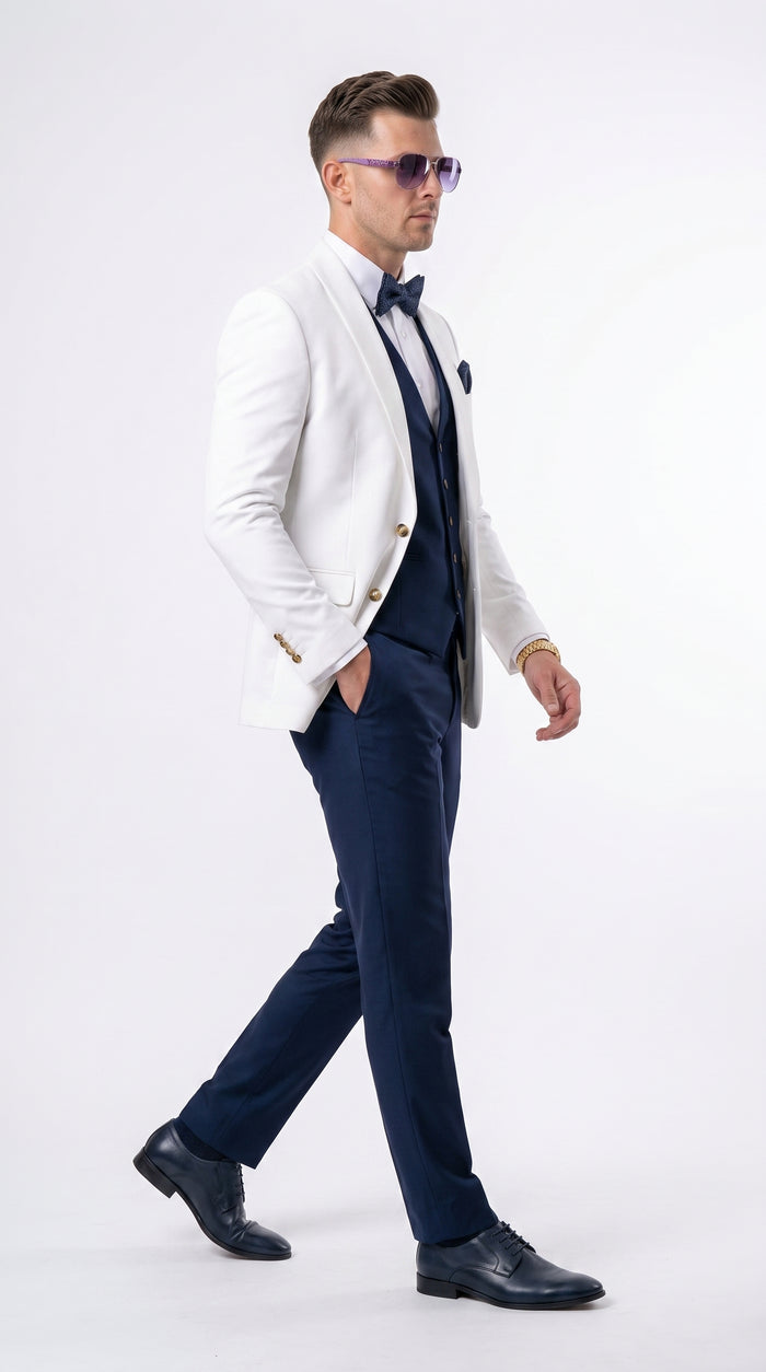 Men’s White and Navy Blue Wedding Suit, White Dinner Jacket with Navy Vest, Pants and Bow Tie