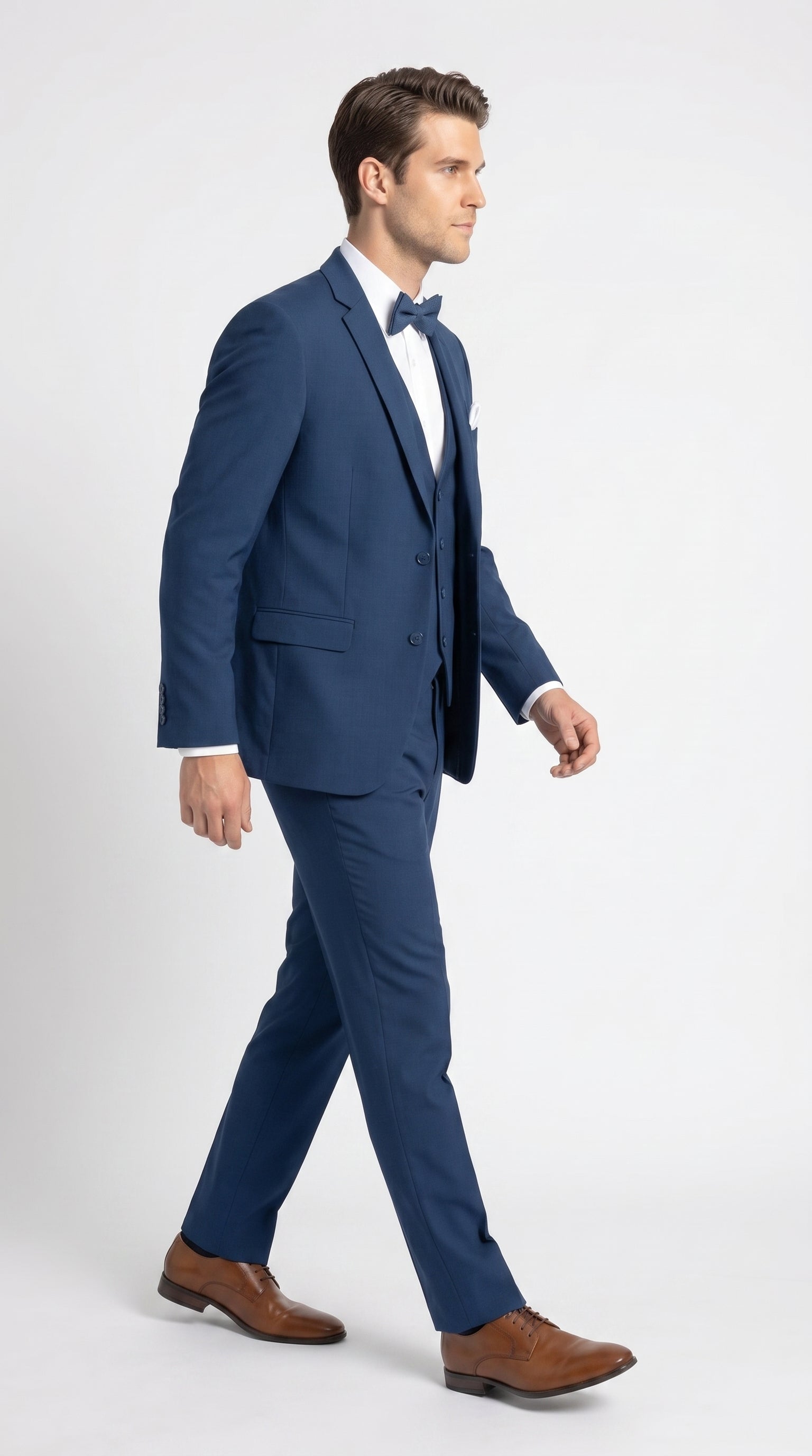 Men’s French Blue Tuxedo Suit with Matching Vest, Bow Tie and Satin Collar