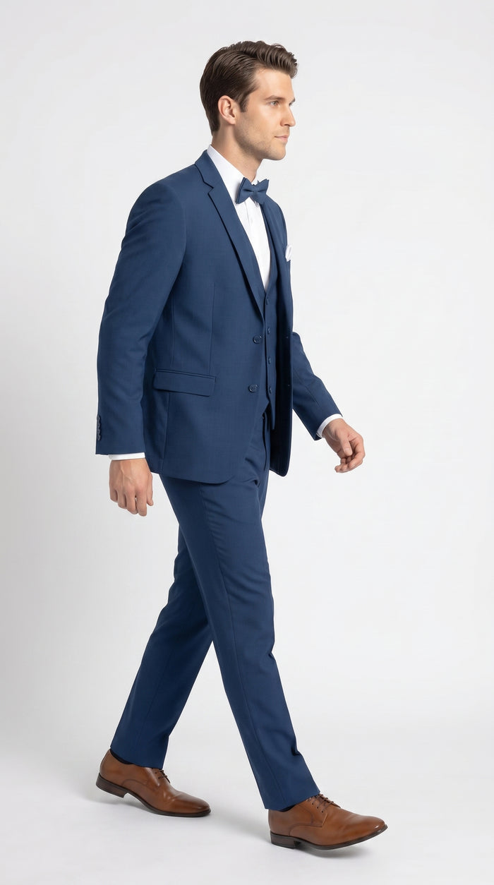 Men’s French Blue Tuxedo Suit with Matching Vest, Bow Tie and Satin Collar