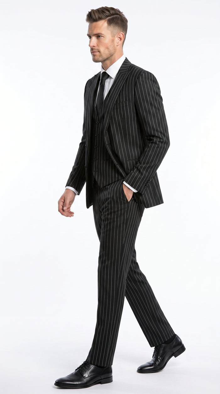 Men’s Black 2 Button Gangster Pinstripe Suit with Vest, Mobster Mafia Style Formal Suit