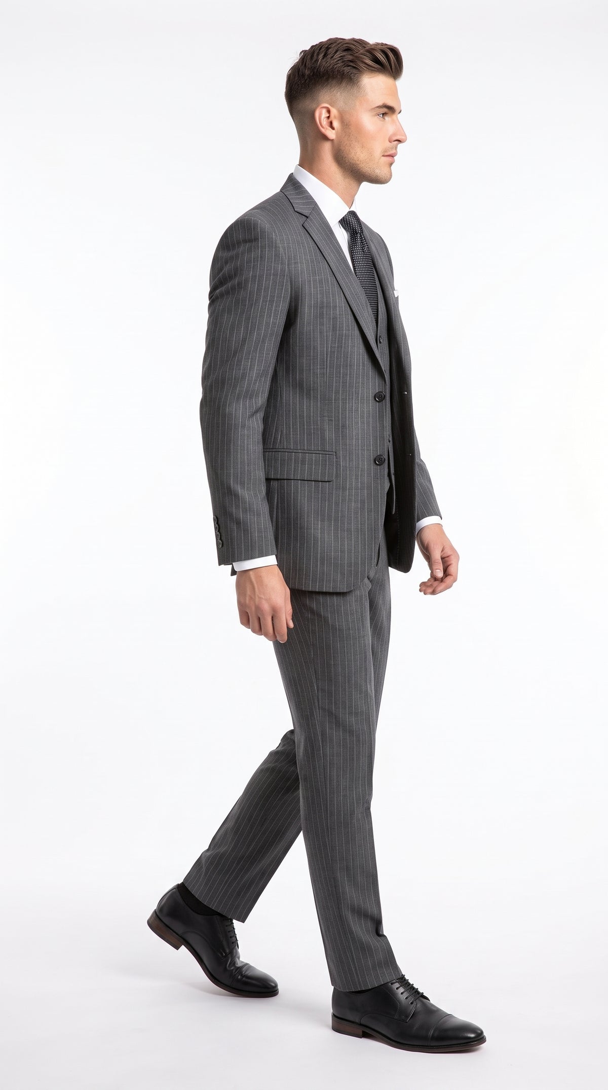 Men’s Charcoal Grey Pinstripe 3-Piece Wool Suit – 2 Button Modern Fit Vested Business & Wedding Suit