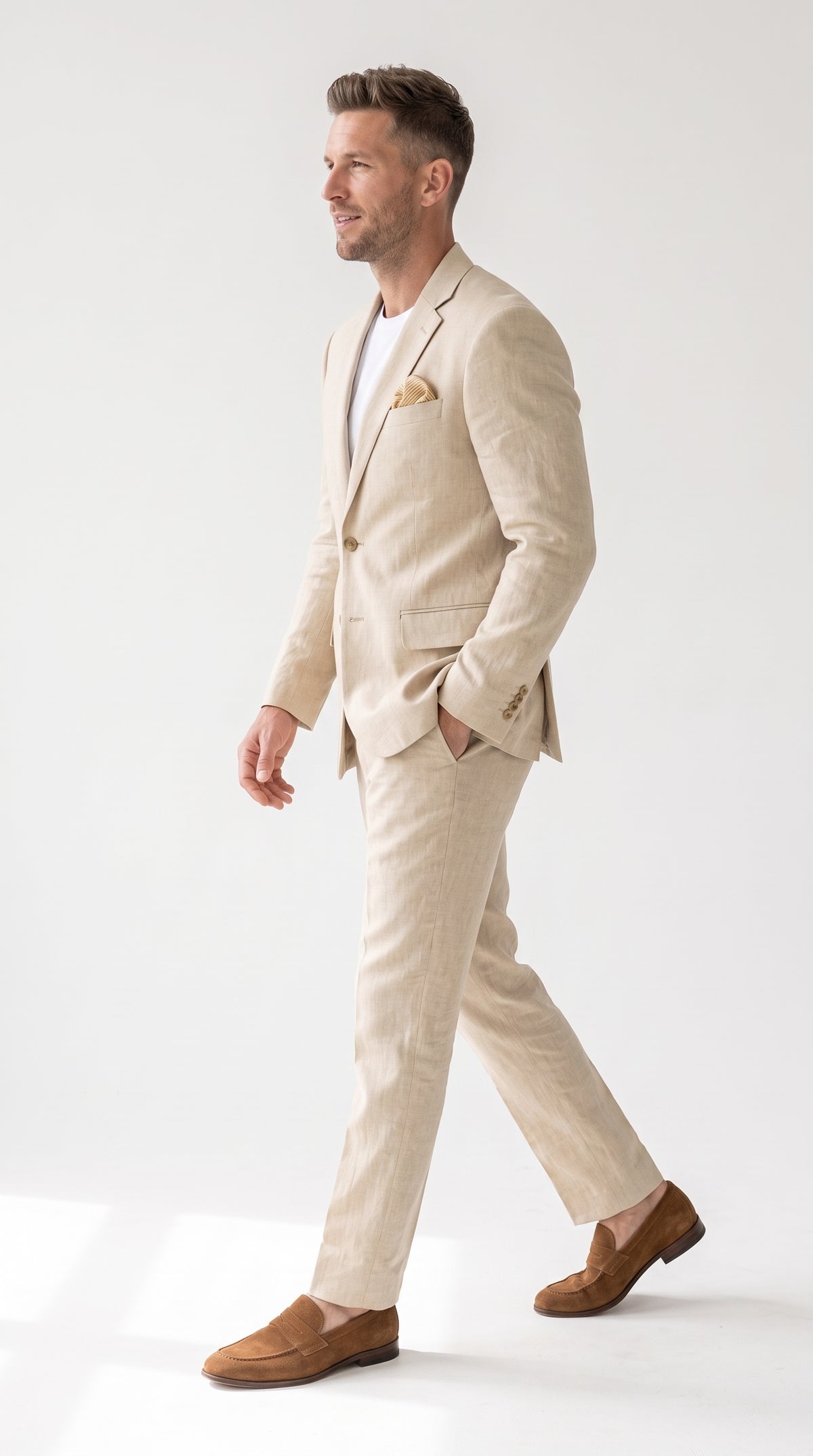 Men’s Tan Linen Blend 2 Piece Suit, Modern Fit Notch Lapel Summer Wedding Suit