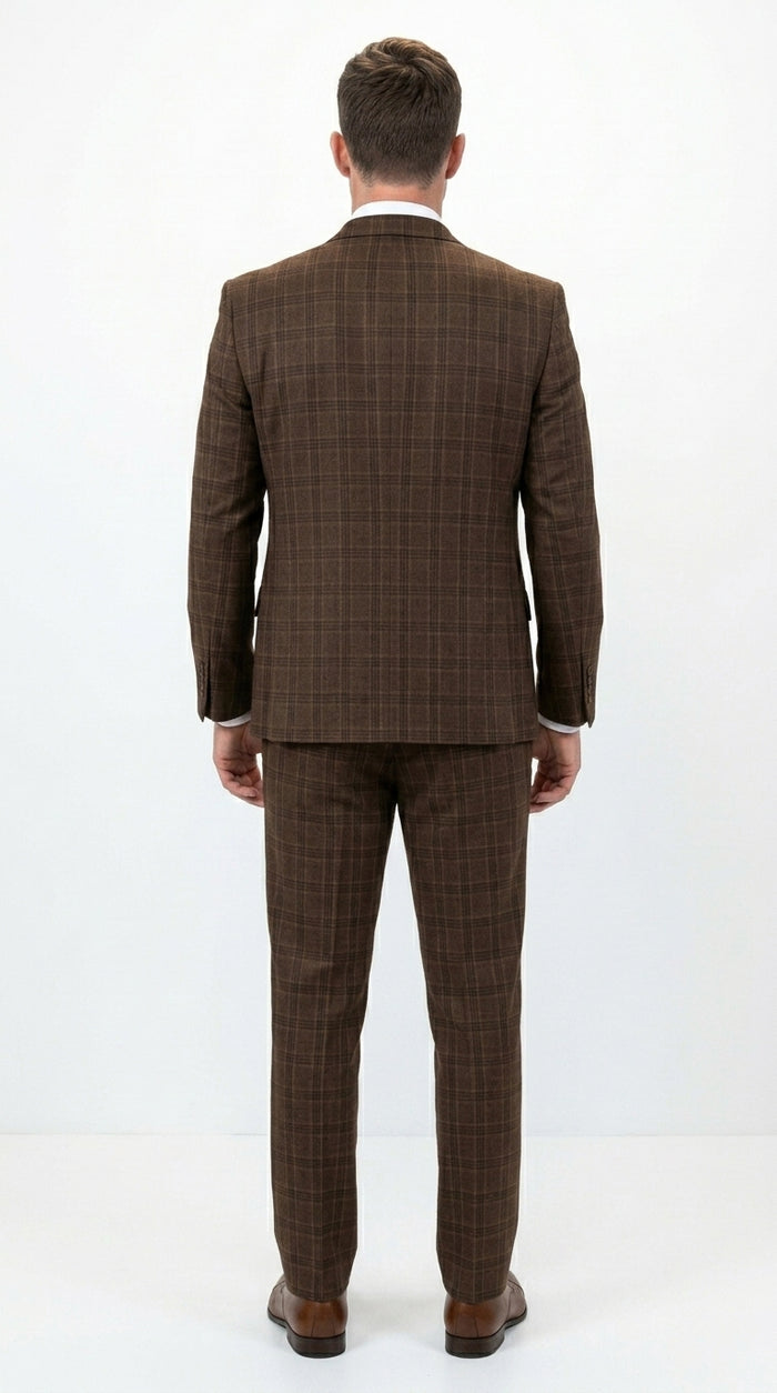 Men’s Brown Windowpane Plaid 3 Piece Suit, Classic Formal Wedding Business Dress Suit Set