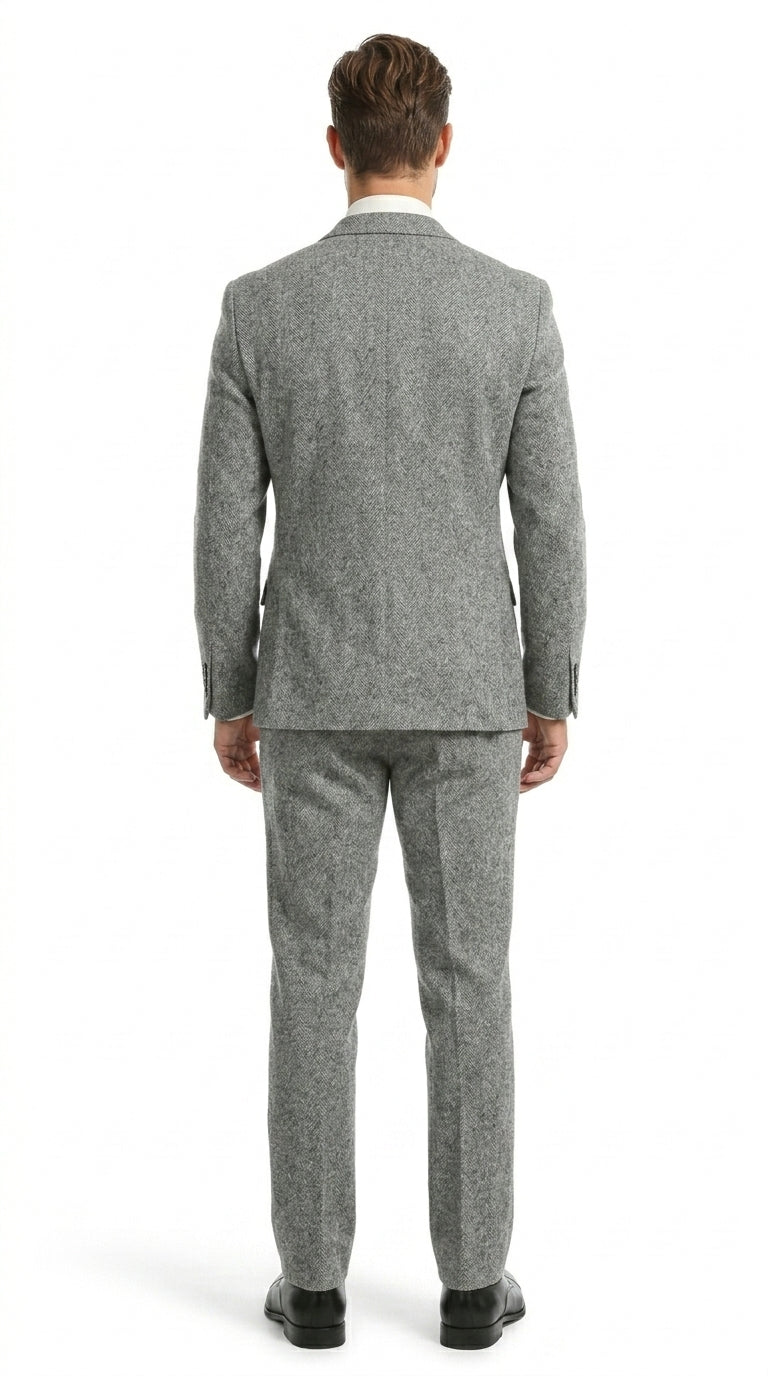 Mens Grey Tweed Three Piece Suit Vintage British Fabric Slim Fit Wedding & Business Wear