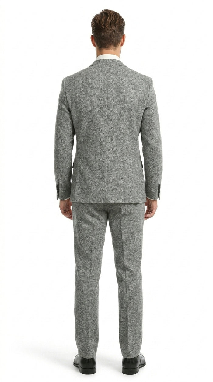 Mens Grey Tweed Three Piece Suit Vintage British Fabric Slim Fit Wedding & Business Wear