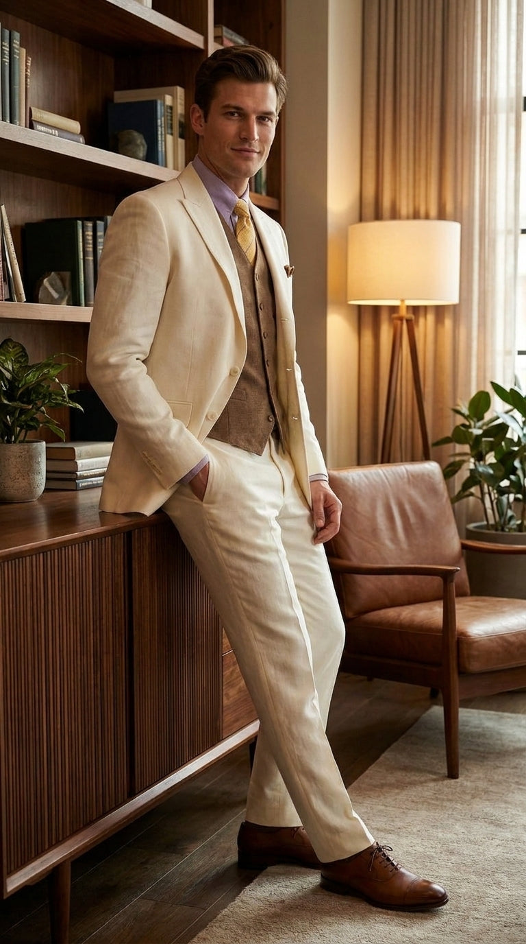 Men’s Off White Great Gatsby Suit, Leonardo DiCaprio Inspired 1920s Wedding Prom Dress Suit