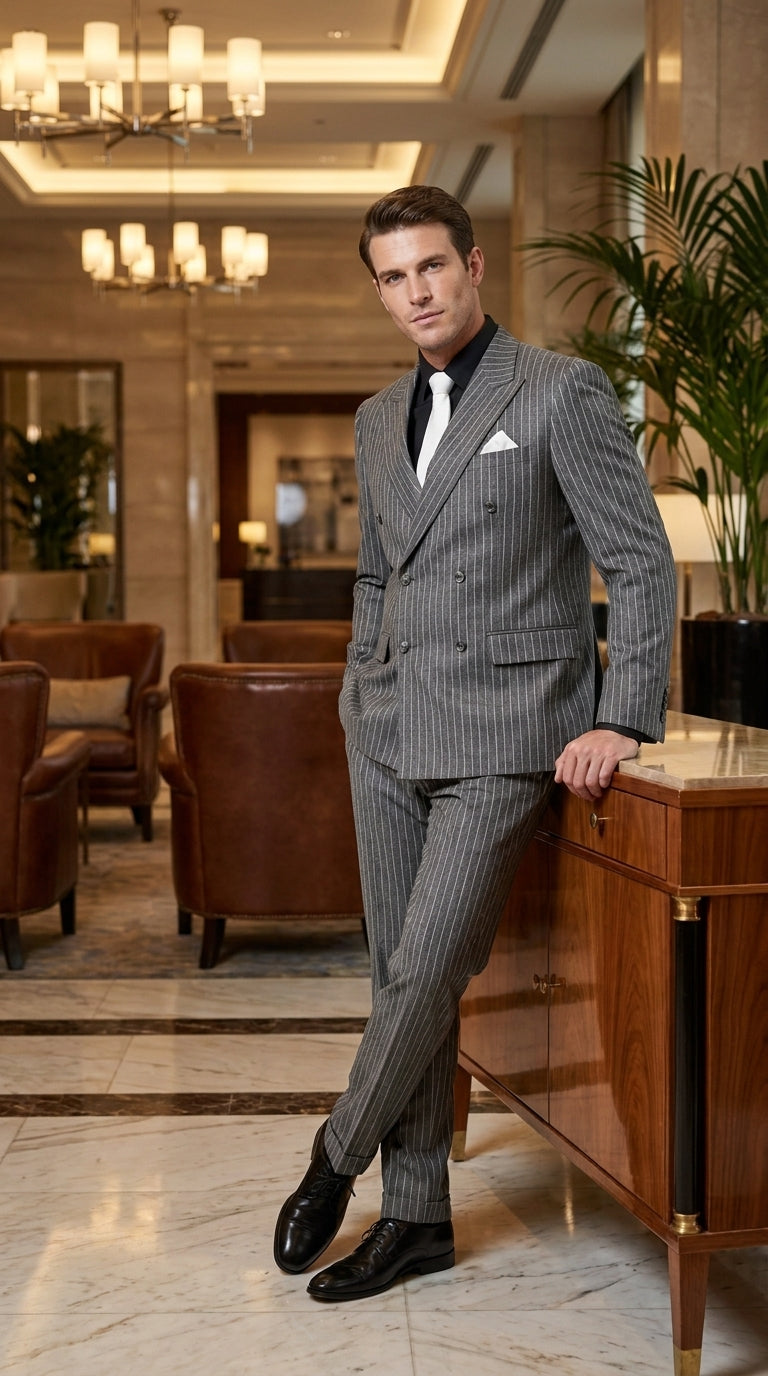 Men’s Charcoal Grey Pinstripe Double Breasted Suit, Gomez Addams Inspired Formal Costume Suit