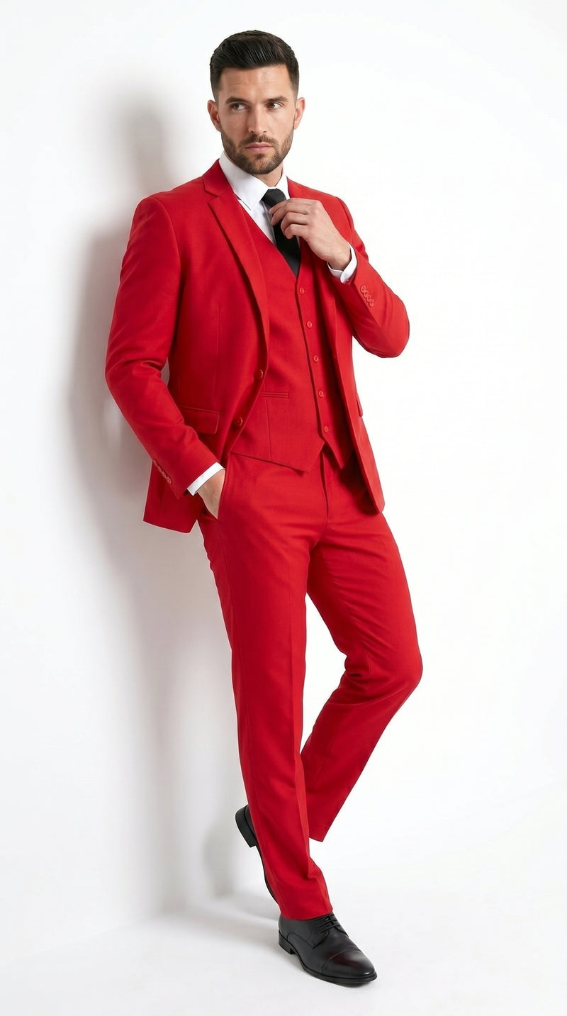 Men’s Red 3 Piece Suit with Jacket, Vest and Pants, Formal Wedding Prom Dress Suit