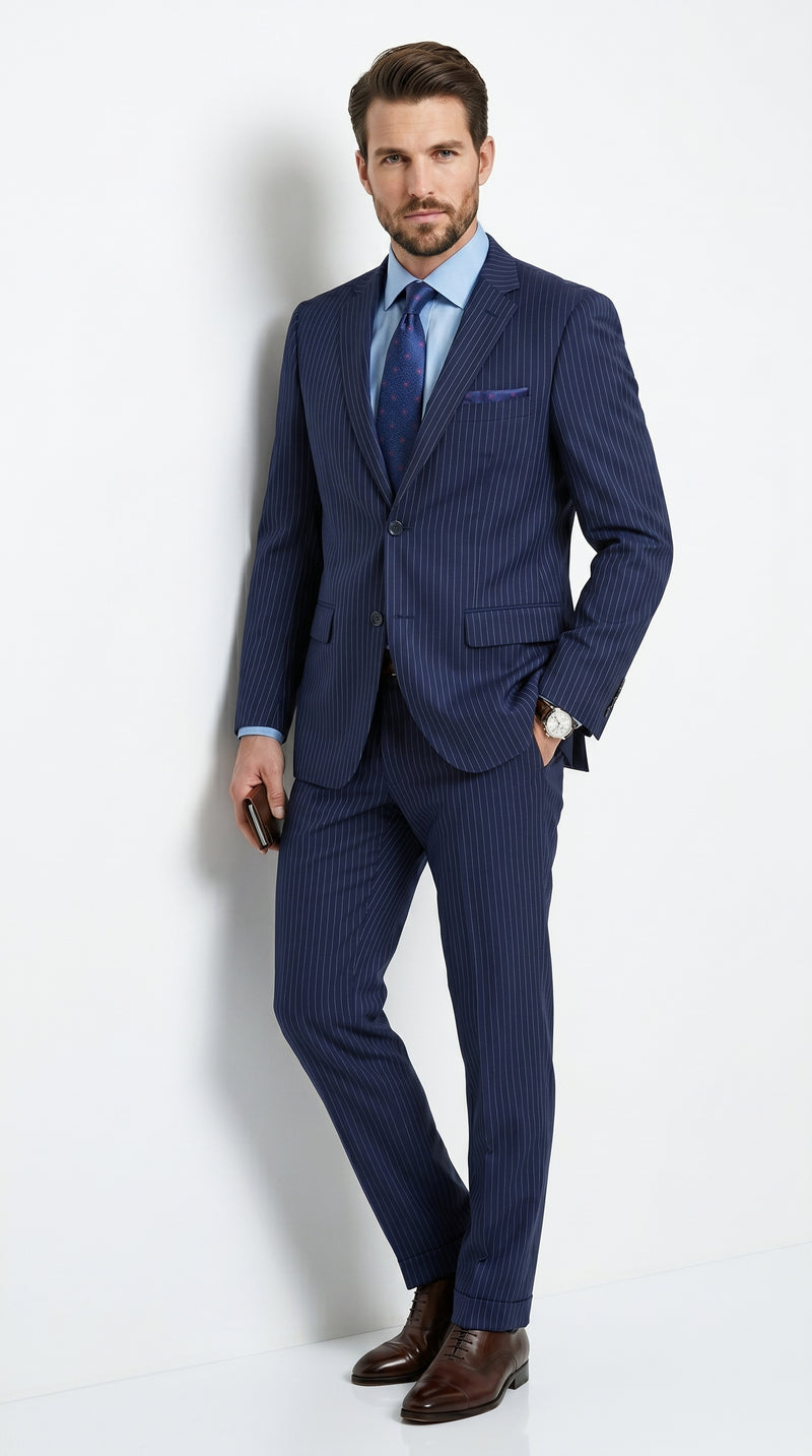 Men’s Navy Pinstripe 2 Piece Suit, Classic Formal Wedding Business Dress Suit Set
