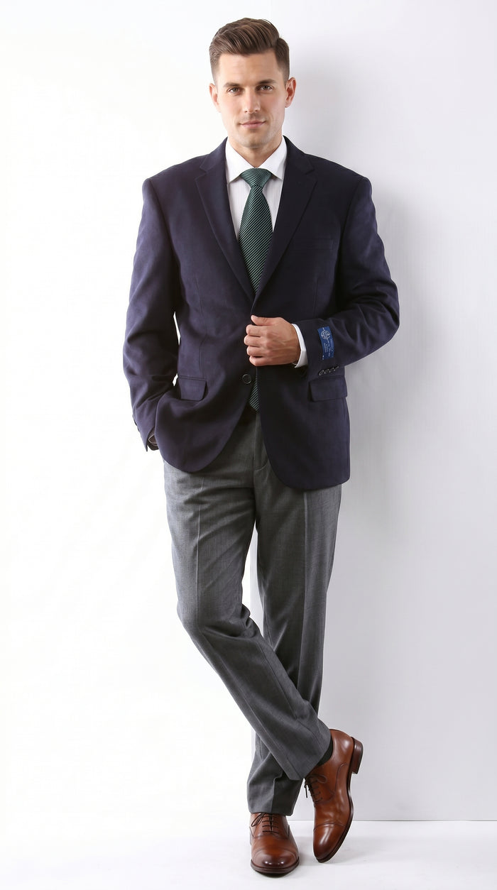 Men’s Navy 2 Button Blazer, Superior 150s Wool Feel Microfiber Formal Business Jacket