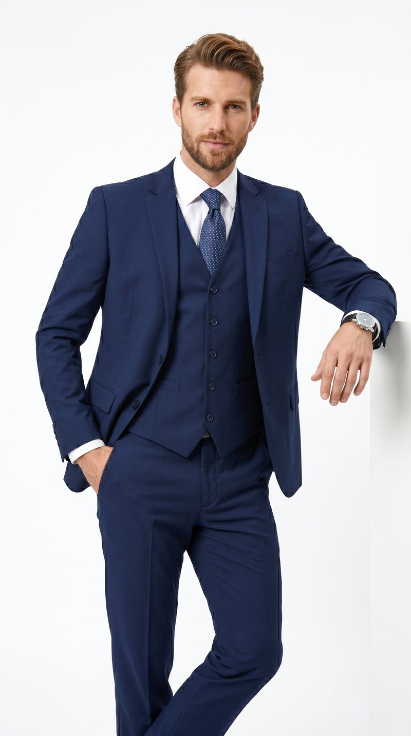 Men’s Navy 100% Wool Vested Tuxedo, Shawl Lapel Wedding Prom Formal Suit Set