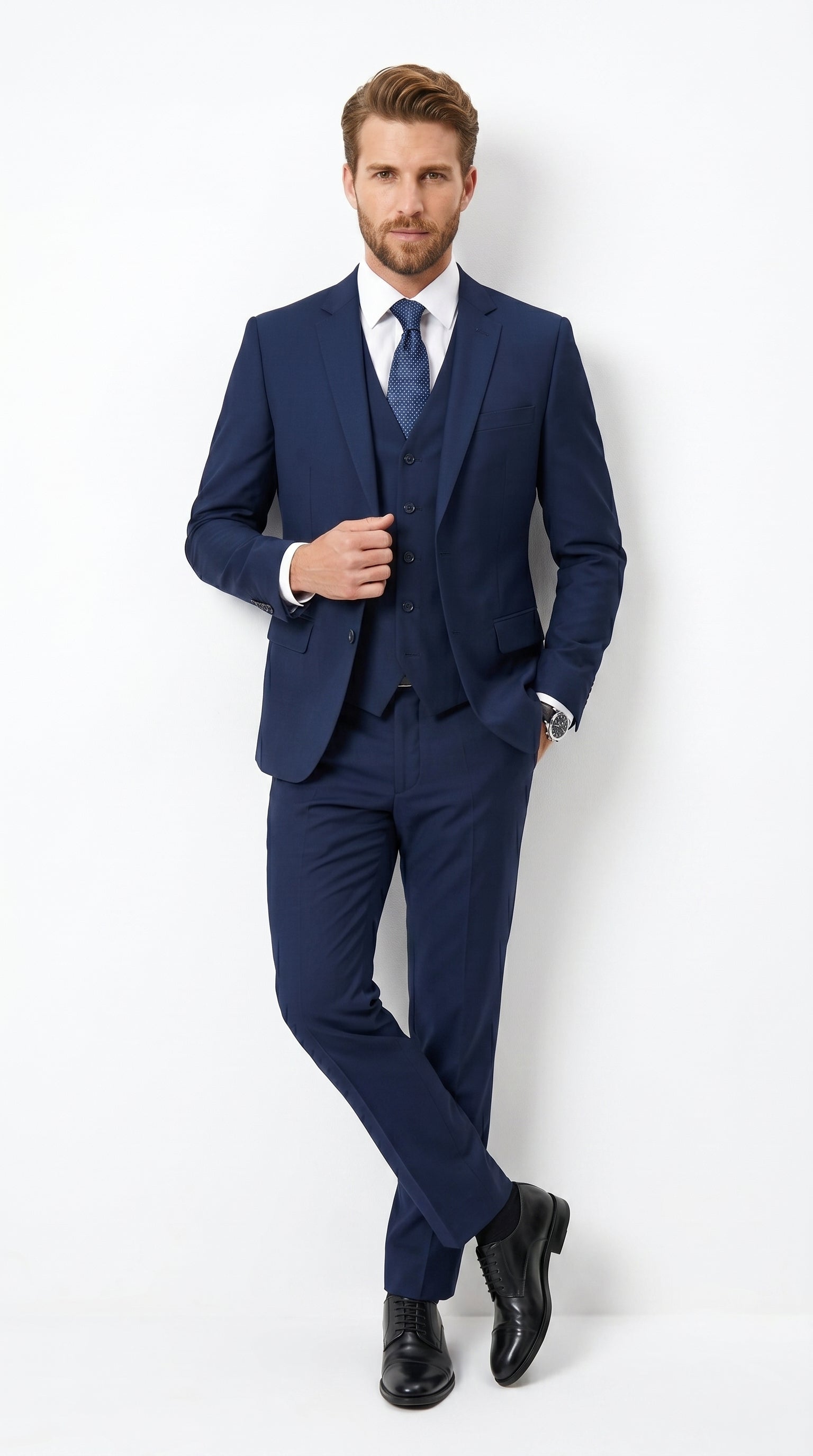 Men’s Navy 100% Wool Vested Tuxedo, Shawl Lapel Wedding Prom Formal Suit Set