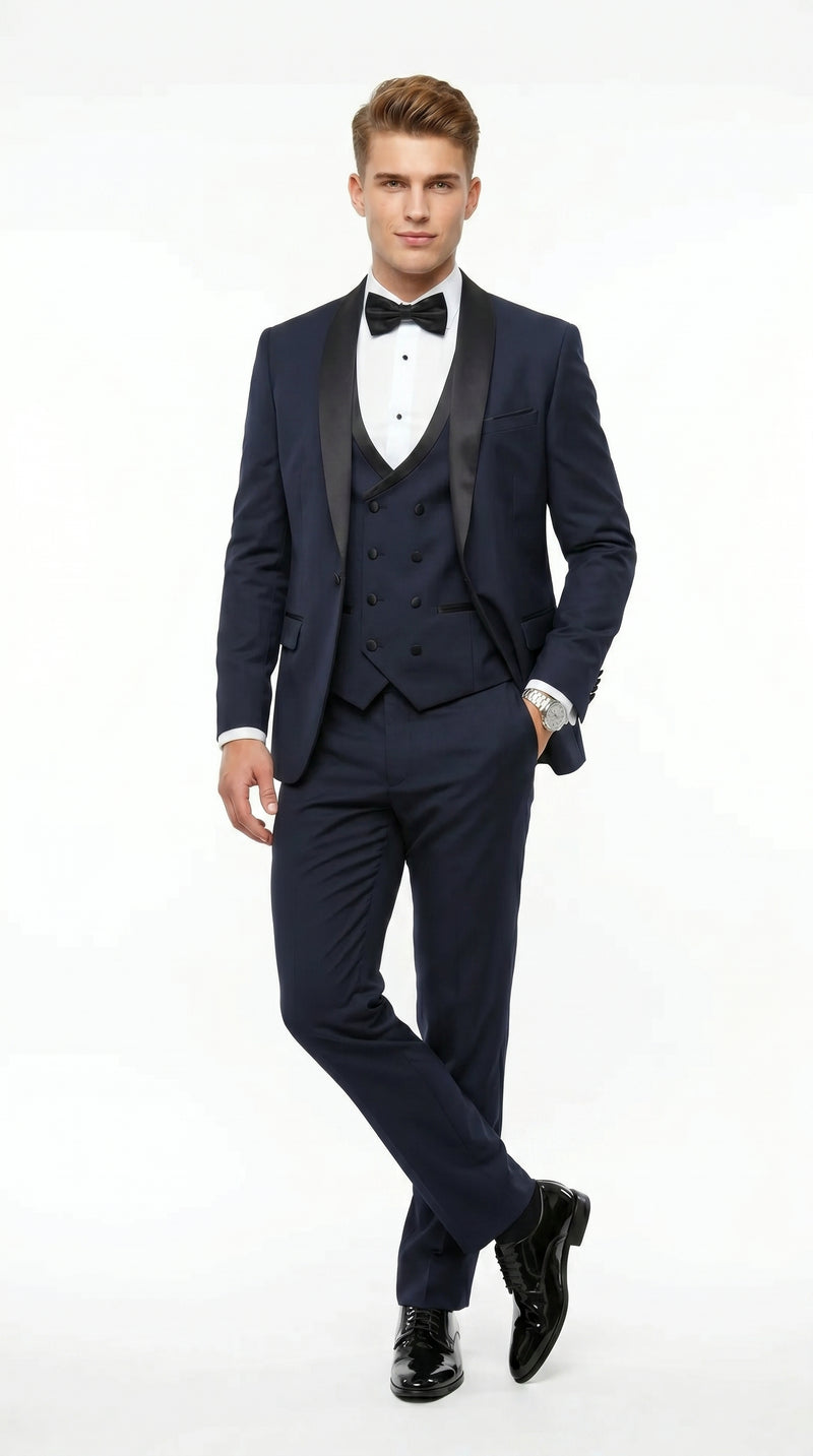 Men’s Navy 100% Wool Vested Tuxedo, Shawl Lapel Wedding Prom Formal Suit Set