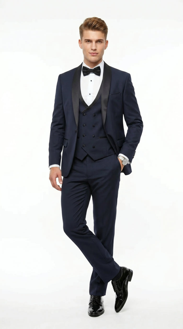Men’s Navy 100% Wool Vested Tuxedo, Shawl Lapel Wedding Prom Formal Suit Set