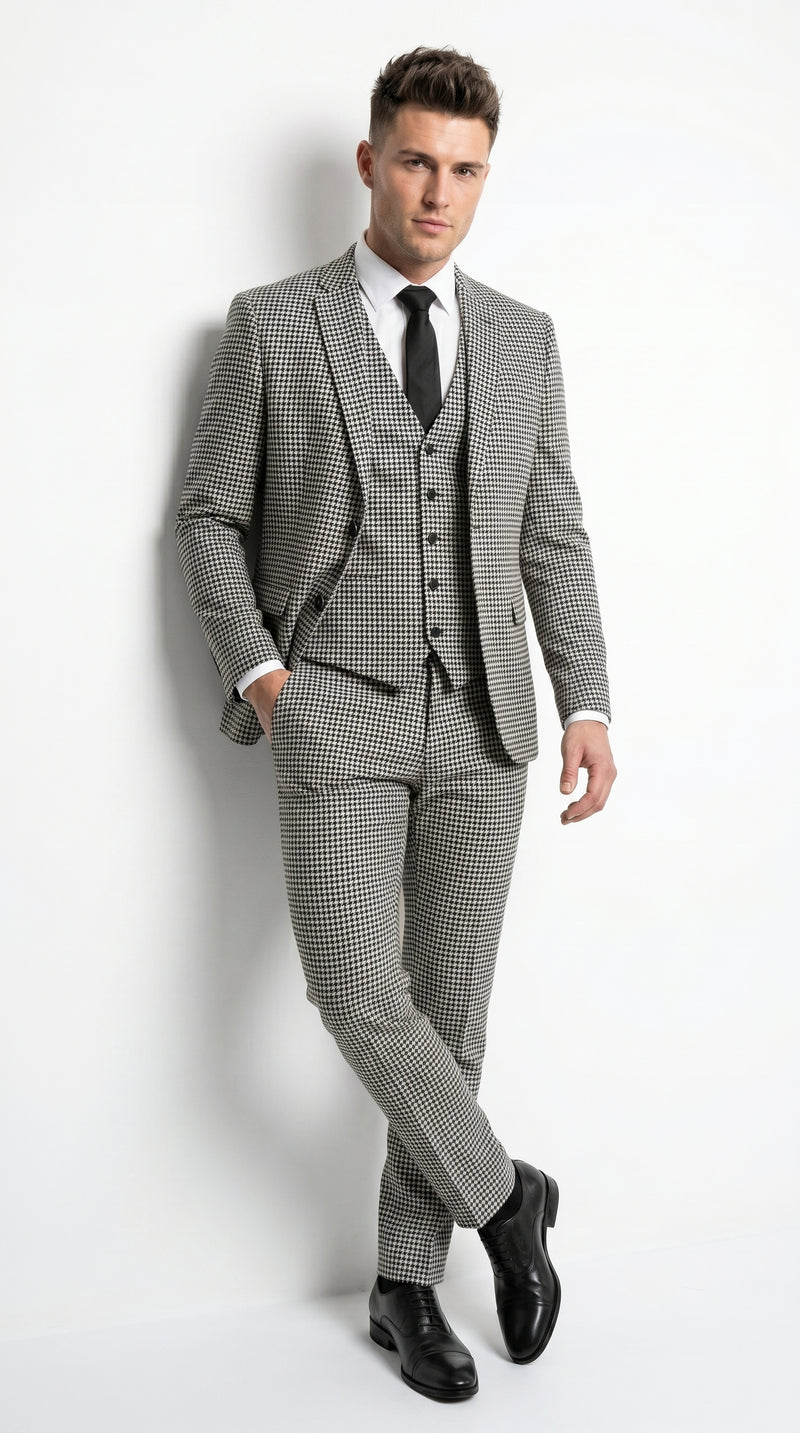 Men’s Black and White Houndstooth Checkered 3 Piece Suit, Gray Checkered Formal Wedding Business Suit Set