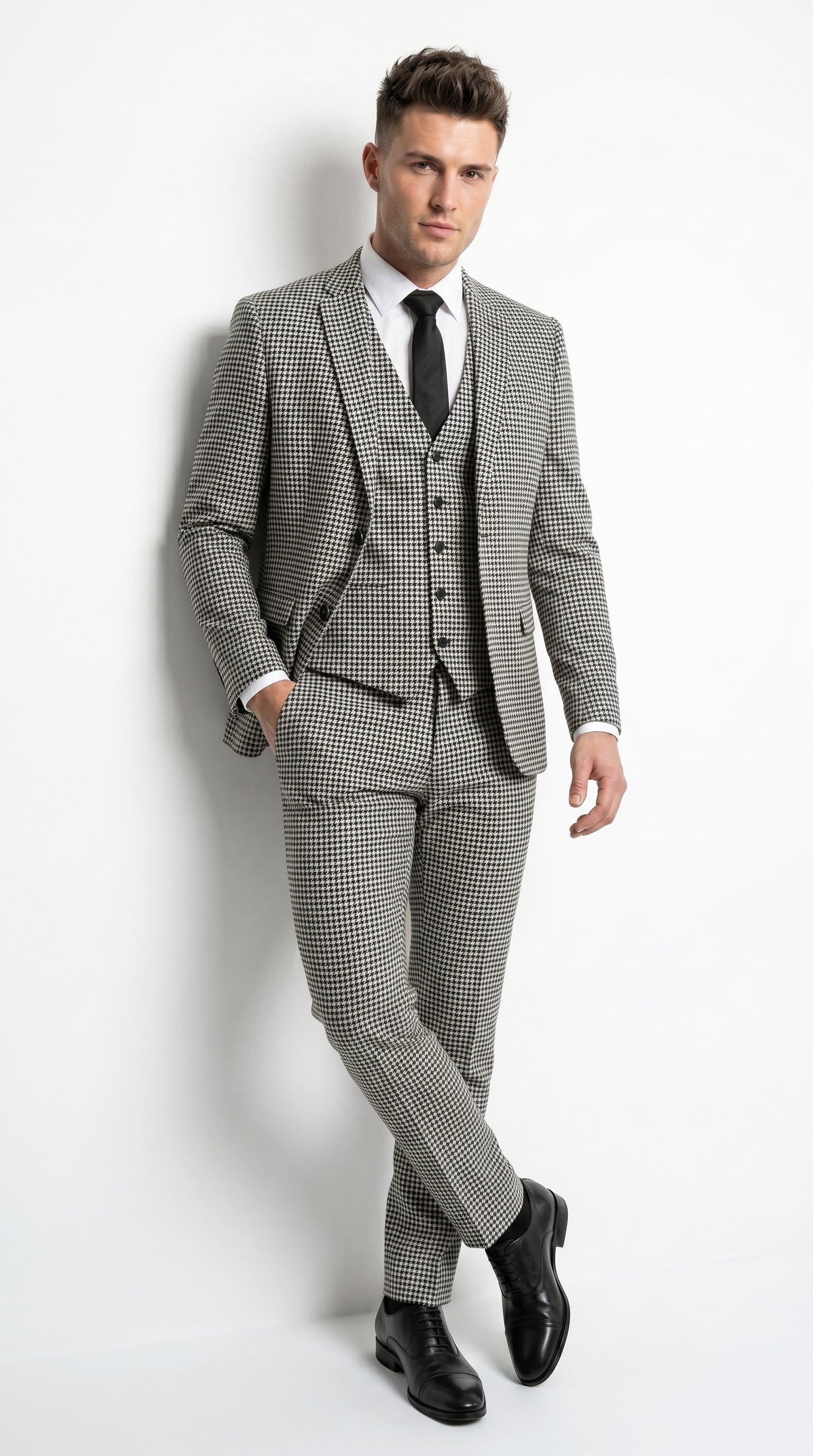 Men’s Black and White Houndstooth Checkered 3 Piece Suit, Gray Checkered Formal Wedding Business Suit Set