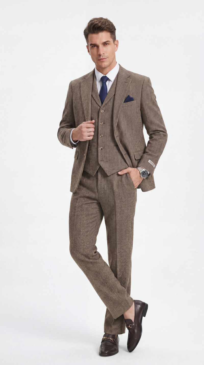 Stacy Adams Men’s Herringbone 3 Piece Hybrid Fit Suit, Formal Wedding Business Suit in Brown and Gray