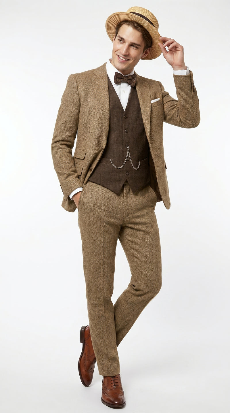 Men’s Camel Pocket Suit with Brown Vest, Vintage Inspired Formal Dress Outfit
