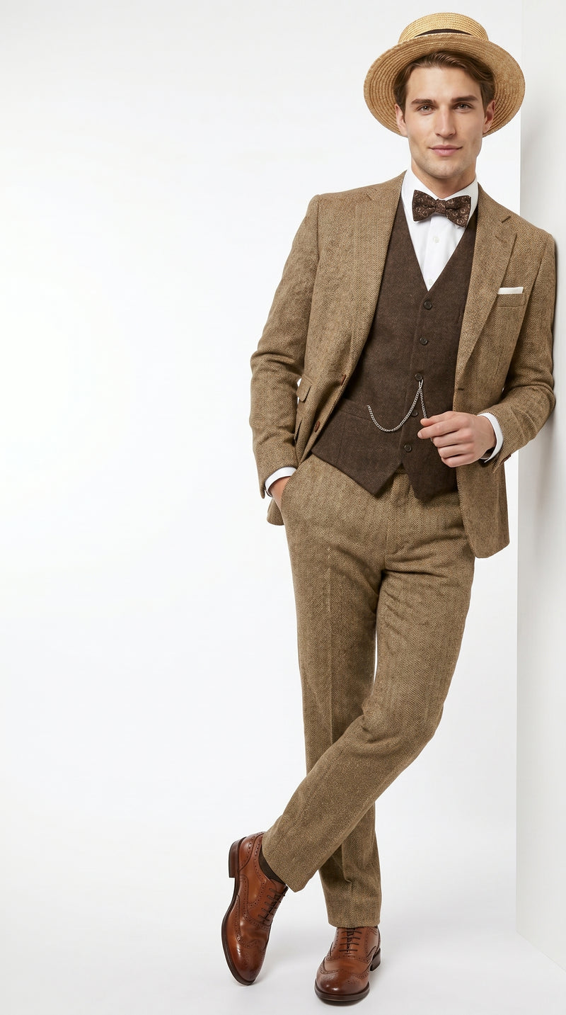 Men’s Camel Pocket Suit with Brown Vest, Vintage Inspired Formal Dress Outfit