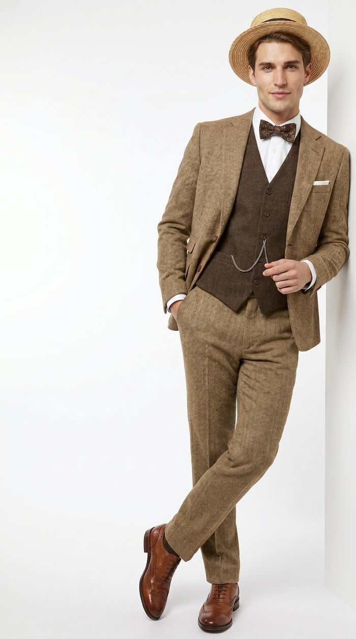 Men’s Camel Pocket Suit with Brown Vest, Vintage Inspired Formal Dress Outfit