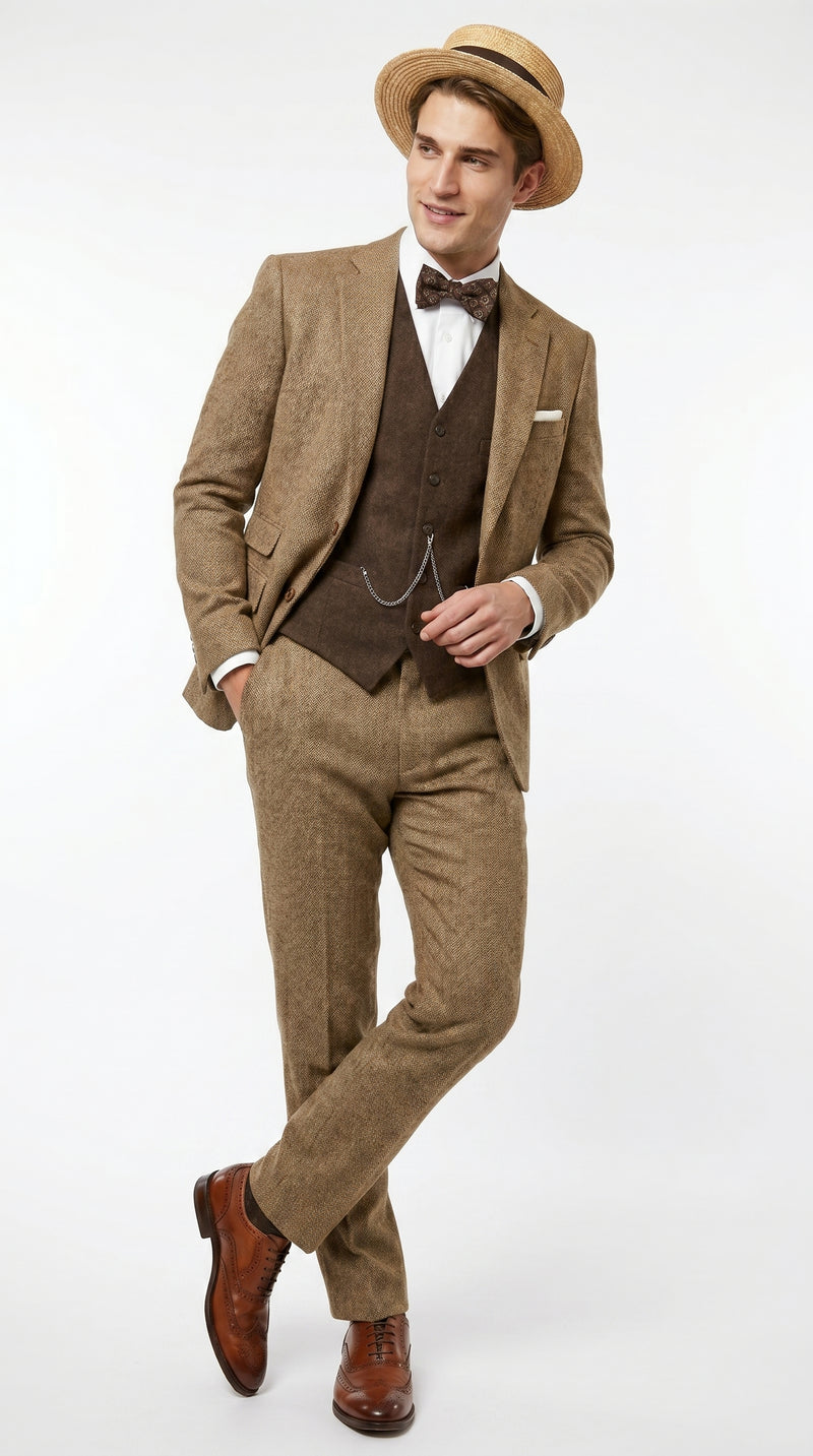 Men’s Camel Pocket Suit with Brown Vest, Vintage Inspired Formal Dress Outfit