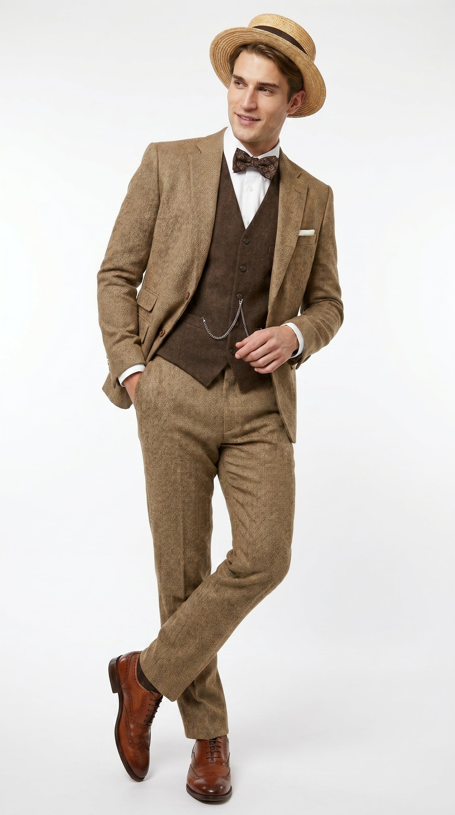 Men’s Camel Pocket Suit with Brown Vest, Vintage Inspired Formal Dress Outfit