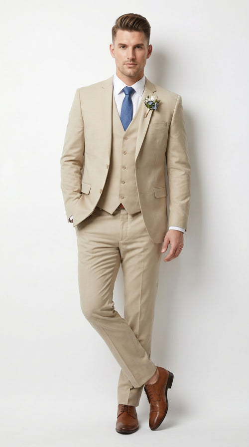 Men’s Tan Slim Fit 3 Piece Beach Wedding Suit with Vest, Summer Formal Dress Suit
