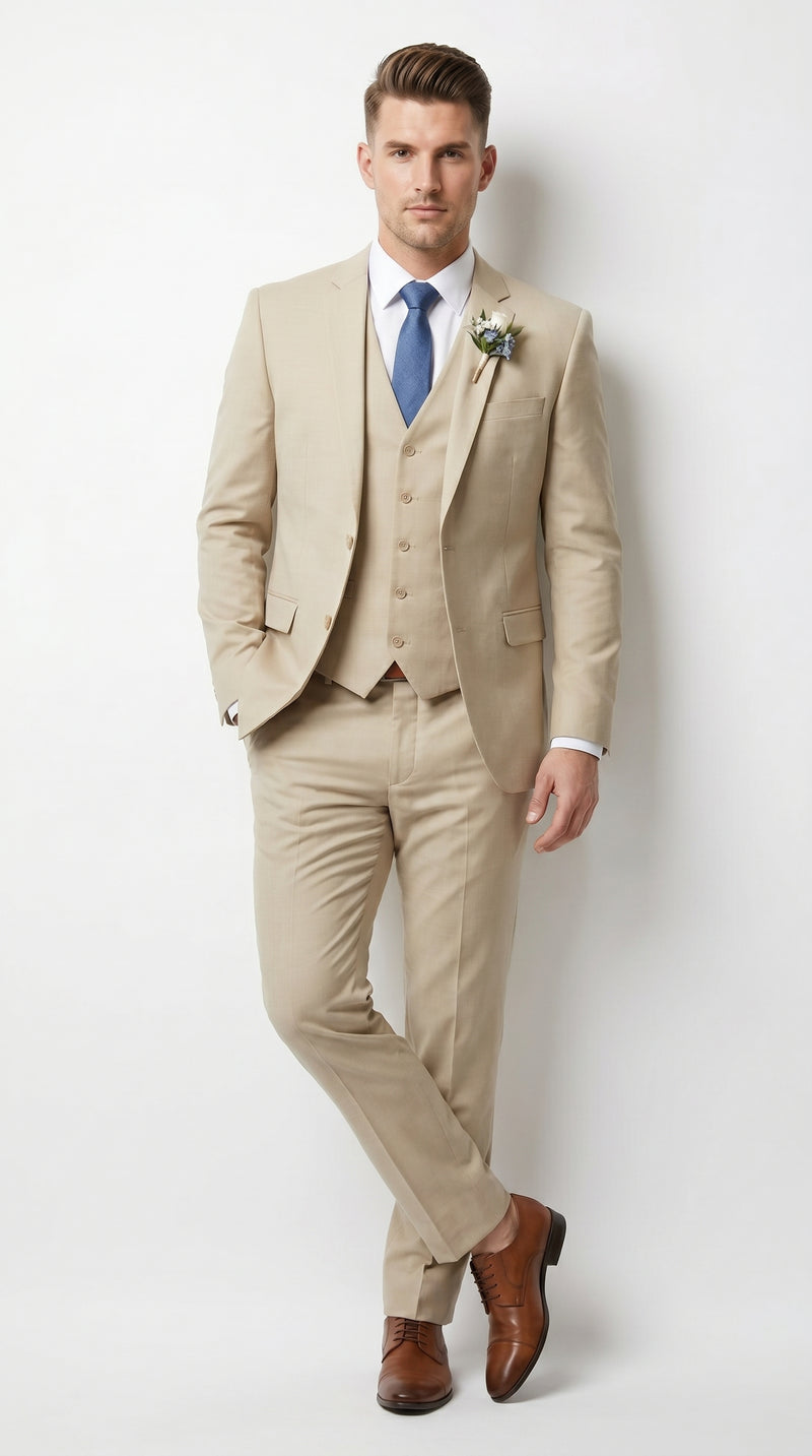 Men’s Tan Slim Fit 3 Piece Beach Wedding Suit with Vest, Summer Formal Dress Suit