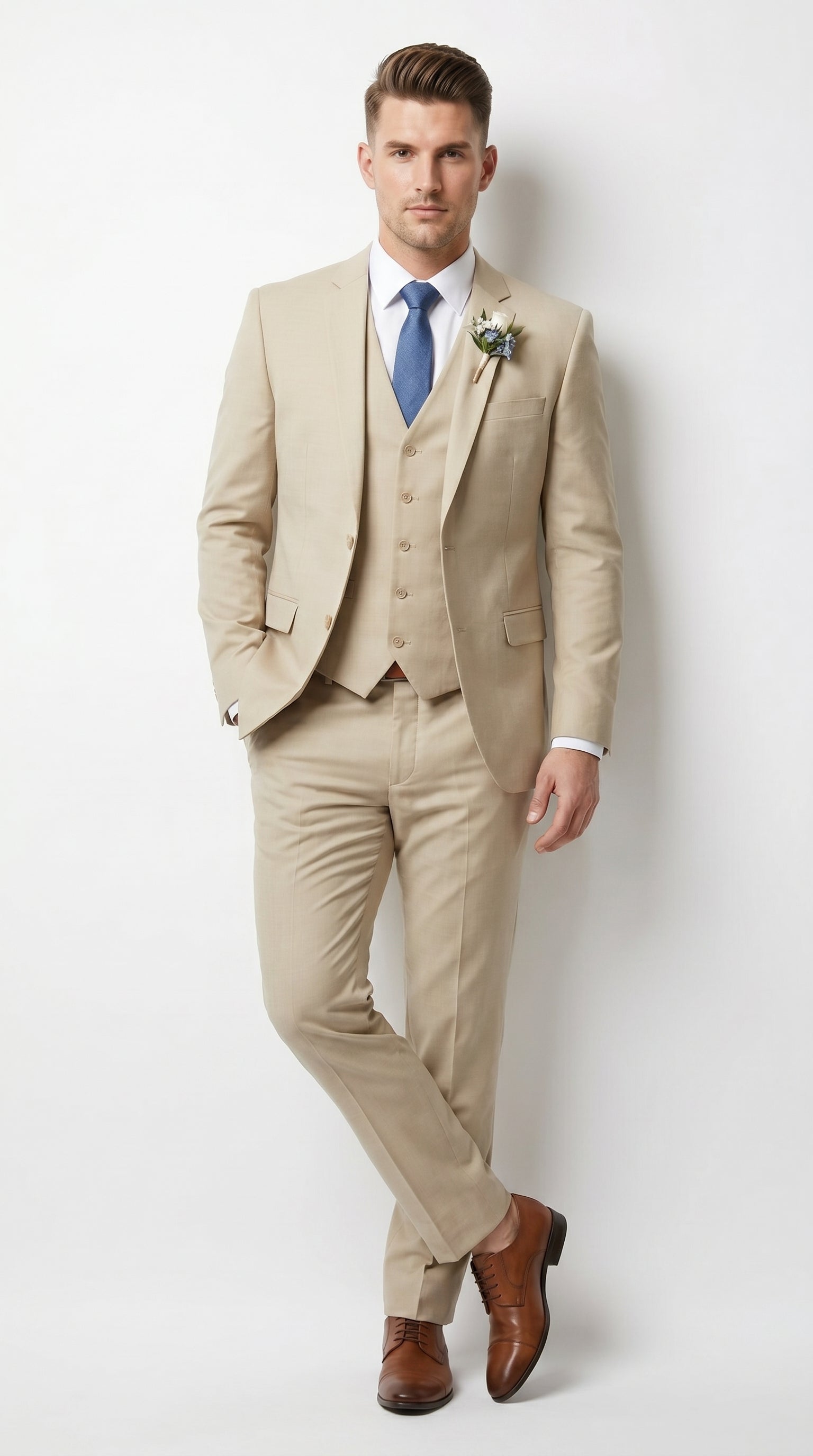 Men’s Tan Slim Fit 3 Piece Beach Wedding Suit with Vest, Summer Formal Dress Suit