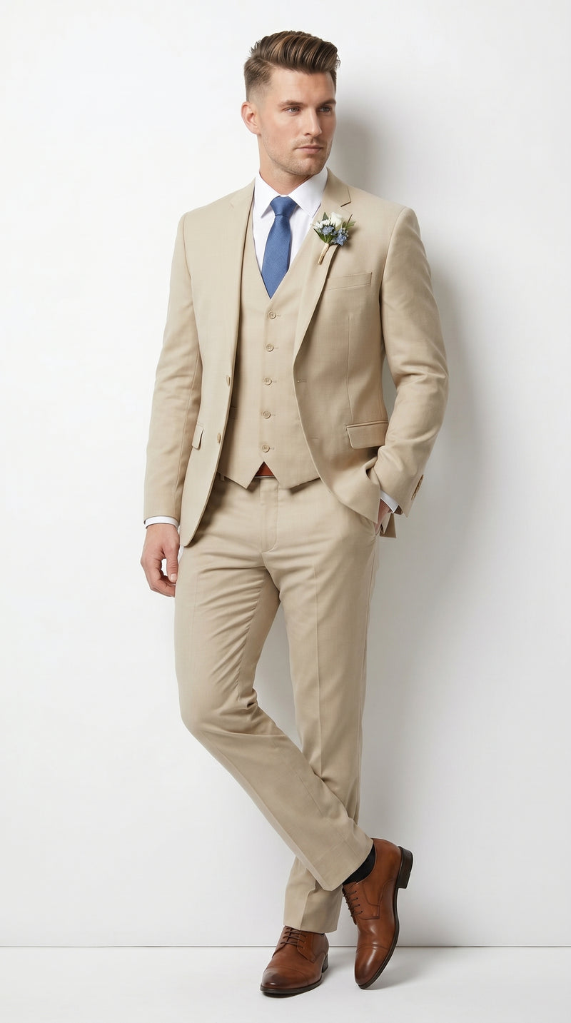 Men’s Tan Slim Fit 3 Piece Beach Wedding Suit with Vest, Summer Formal Dress Suit