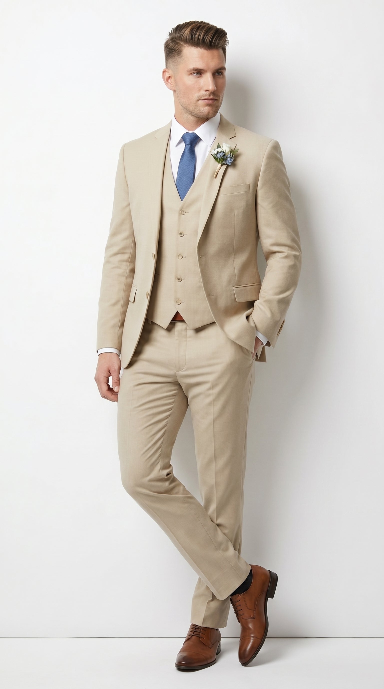 Men’s Tan Slim Fit 3 Piece Beach Wedding Suit with Vest, Summer Formal Dress Suit