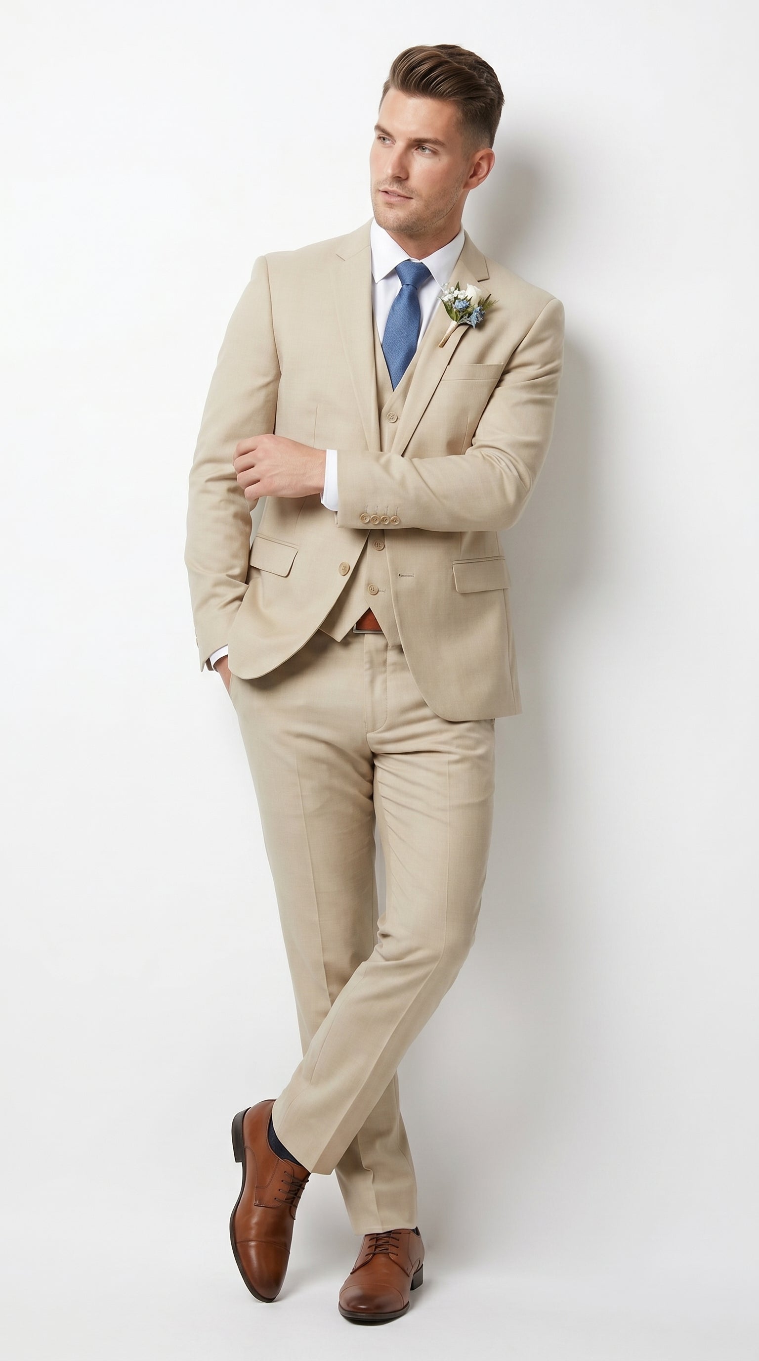 Men’s Tan Slim Fit 3 Piece Beach Wedding Suit with Vest, Summer Formal Dress Suit
