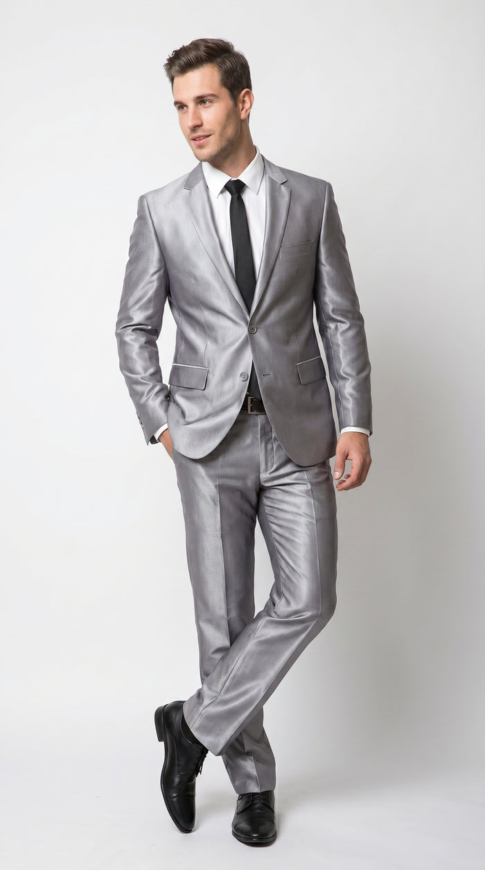 Men’s Silver Sharkskin 2 Piece Suit, Italian Styled Formal Wedding Prom Dress Suit
