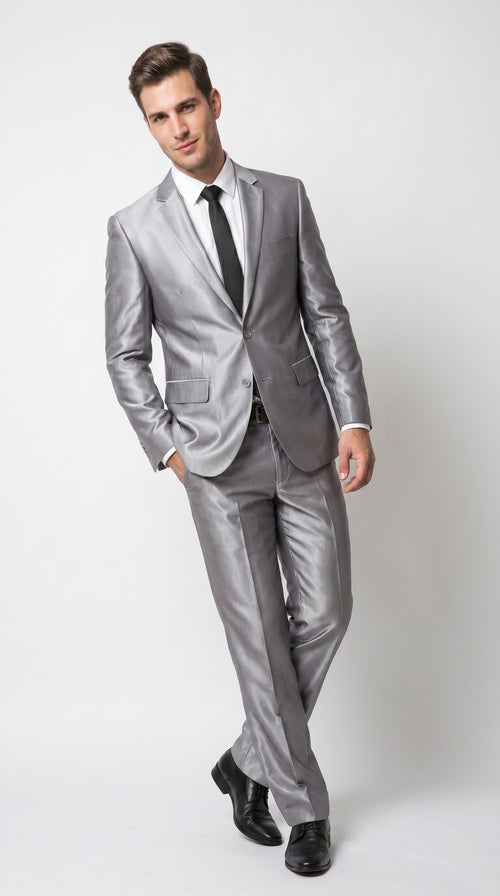 Men’s Silver Sharkskin 2 Piece Suit, Italian Styled Formal Wedding Prom Dress Suit