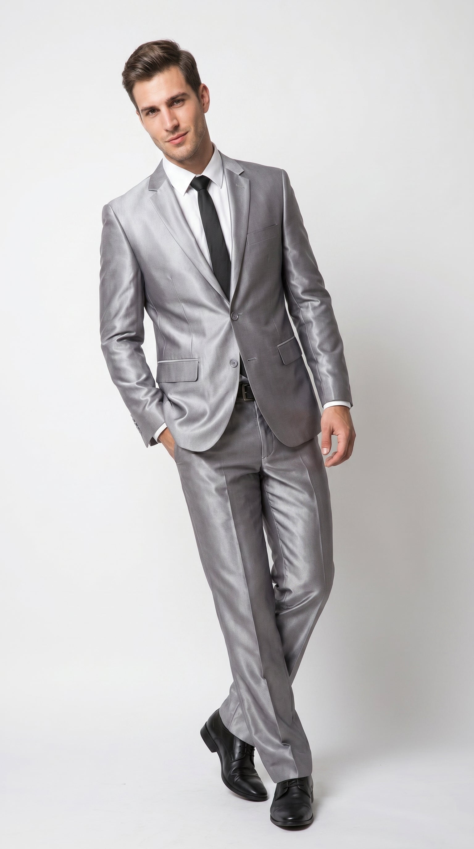 Men’s Silver Sharkskin 2 Piece Suit, Italian Styled Formal Wedding Prom Dress Suit