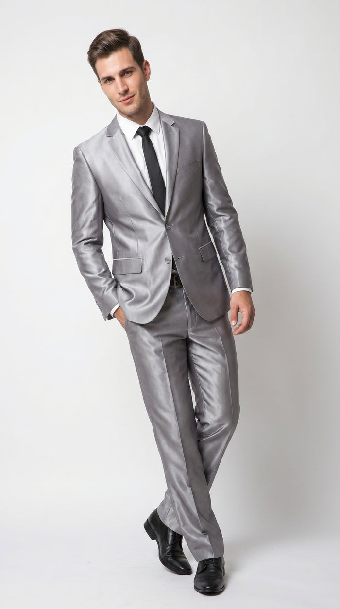 Men’s Silver Sharkskin 2 Piece Suit, Italian Styled Formal Wedding Prom Dress Suit