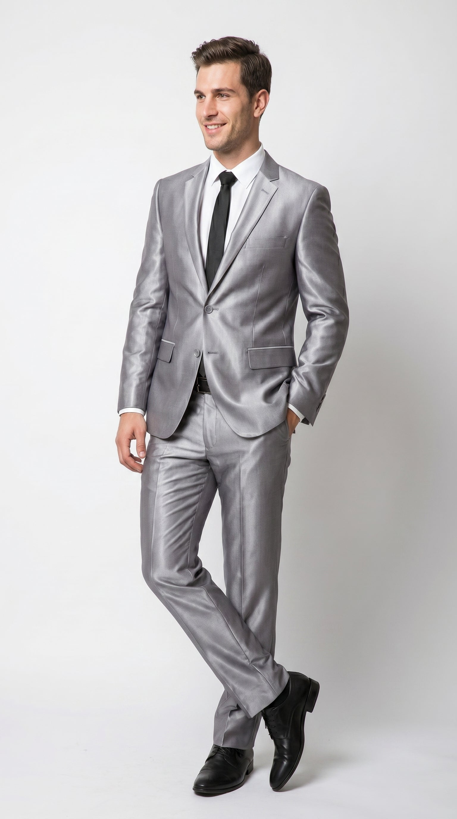 Men’s Silver Sharkskin 2 Piece Suit, Italian Styled Formal Wedding Prom Dress Suit