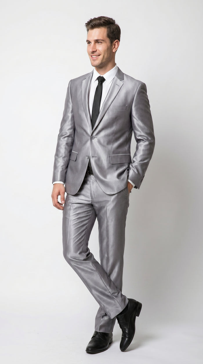 Men’s Silver Sharkskin 2 Piece Suit, Italian Styled Formal Wedding Prom Dress Suit