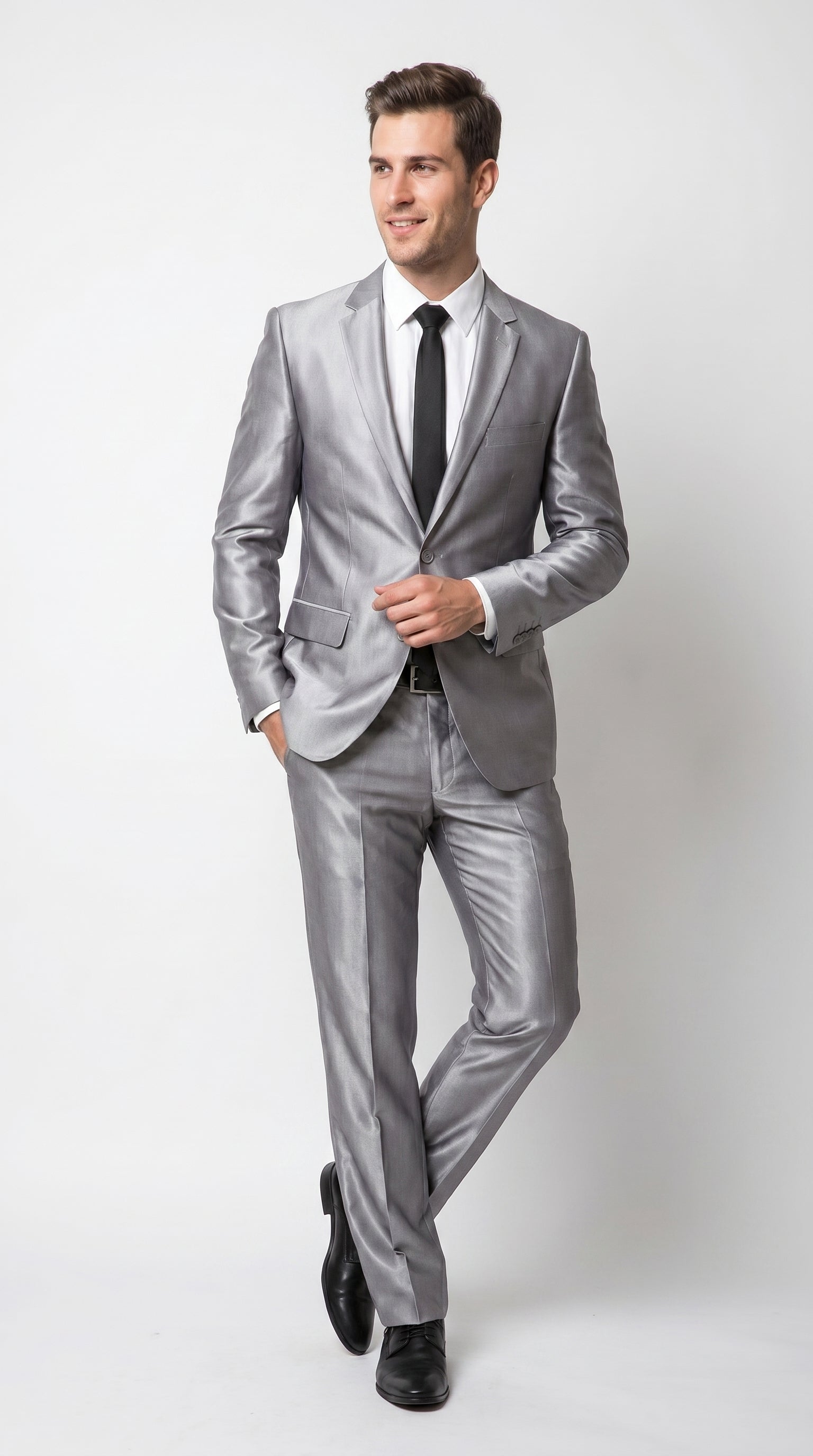 Men’s Silver Sharkskin 2 Piece Suit, Italian Styled Formal Wedding Prom Dress Suit
