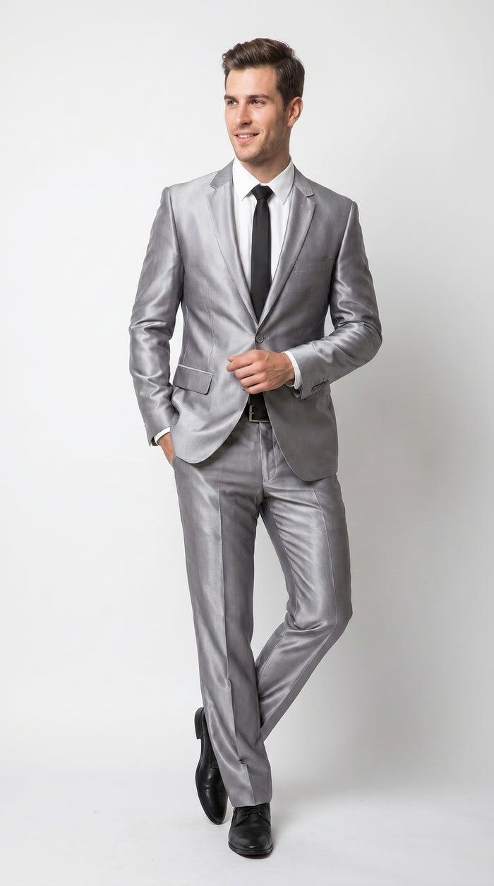 Men’s Silver Sharkskin 2 Piece Suit, Italian Styled Formal Wedding Prom Dress Suit