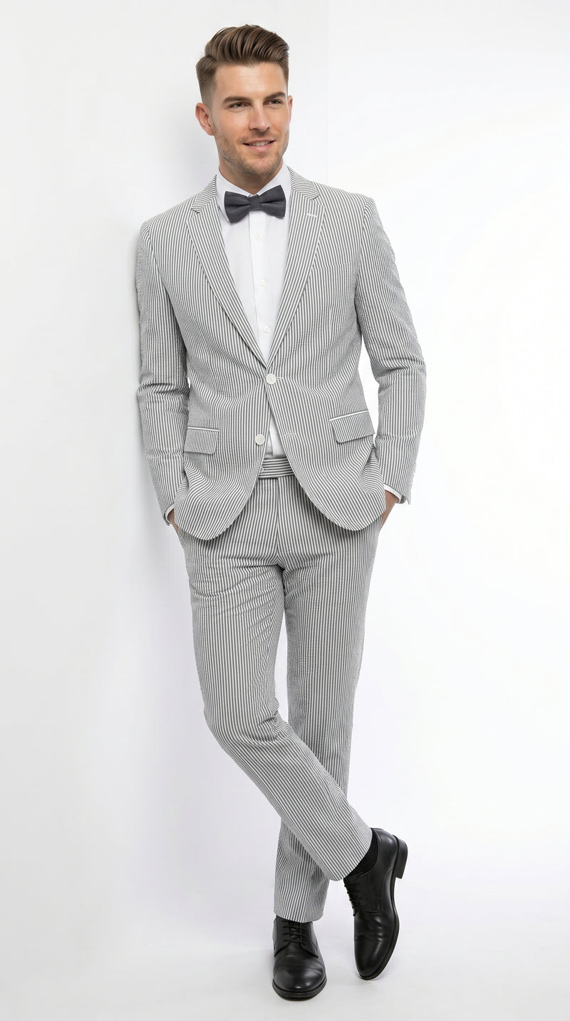 Men’s Gray Seersucker Suit, Lightweight Summer Wedding Prom Dress Suit