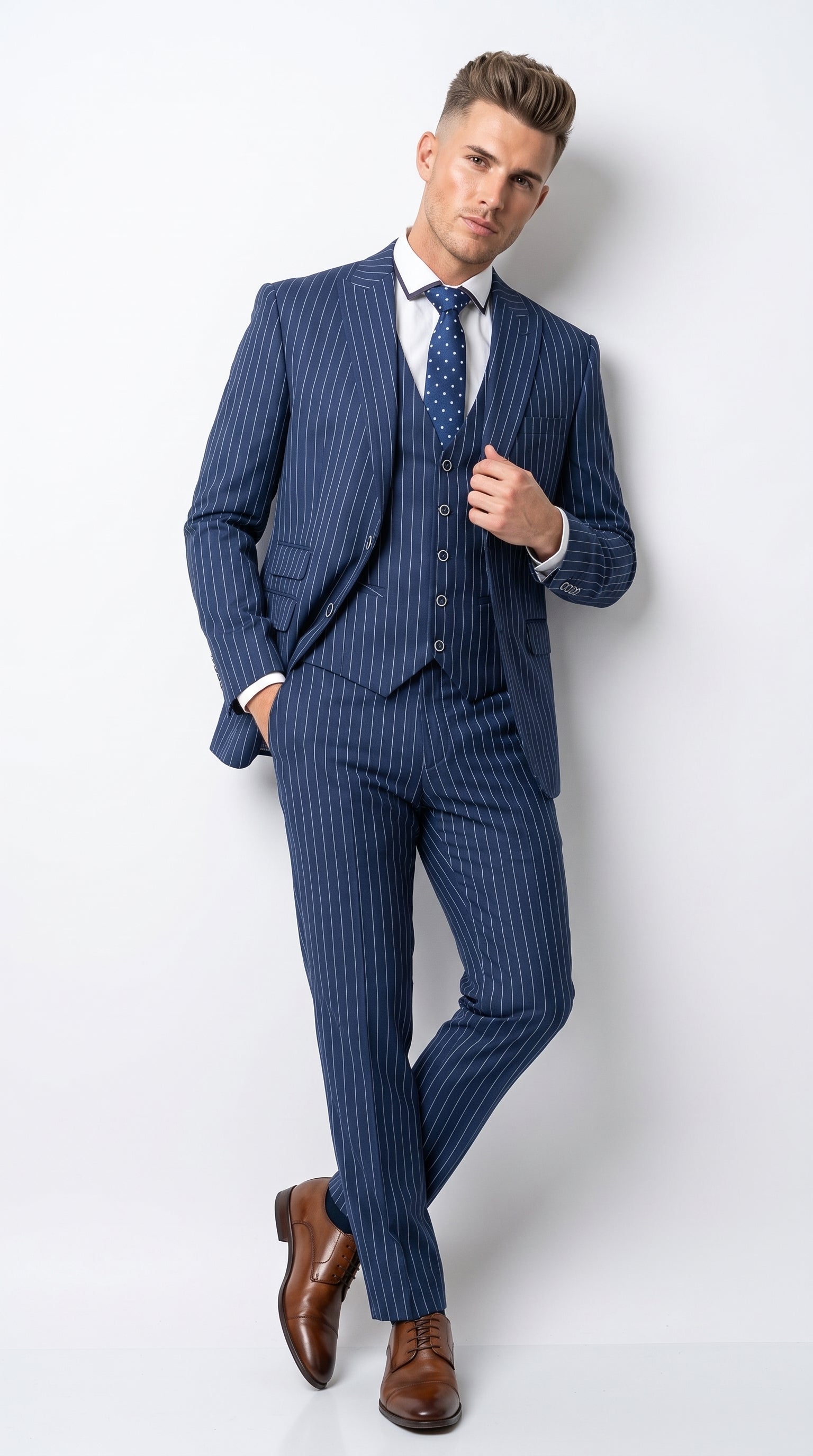 Men’s Navy Blue Vested Bold Gangster Pinstripe Suit, 3 Piece Formal 1920s Dress Suit